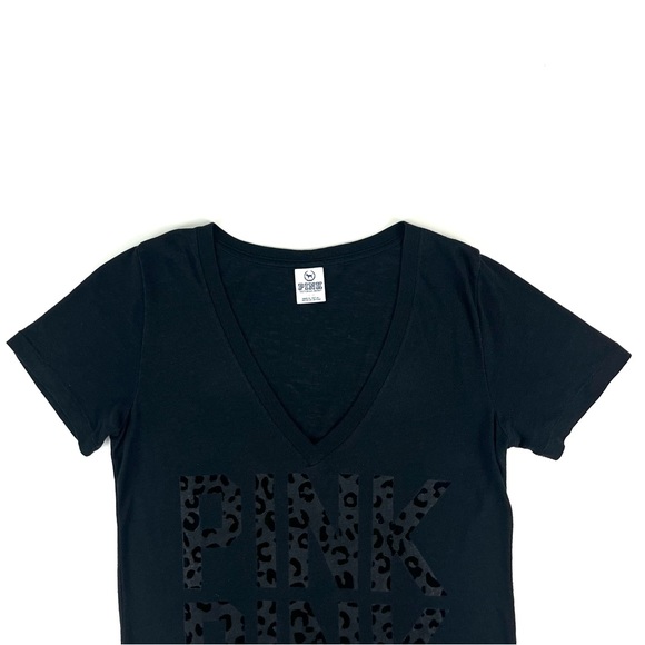 PINK Victoria’s Secret Black Velvet Cheetah Logo V-Neck Tee - Picture 3 of 7